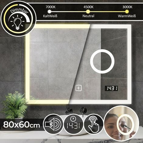 Miroir de salle de bain avec LED et horloge miroir Zoom? Haut-parleurs et Bluetooth