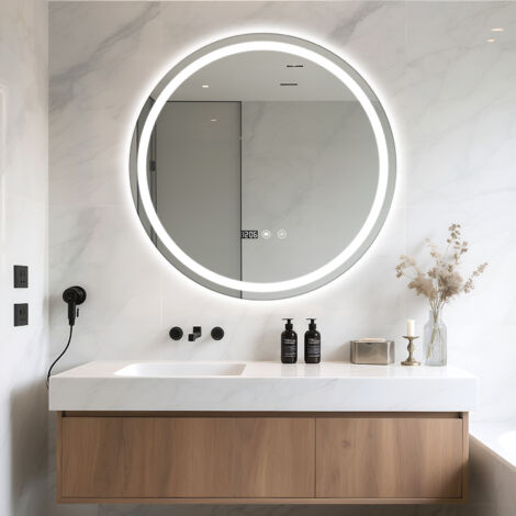 Miroir de salle de bain avec lumière LED, miroir de salle de bain intelligent antibuée sans perforation, 60 × 60 cm, avec affichage de l'heure et de la température.