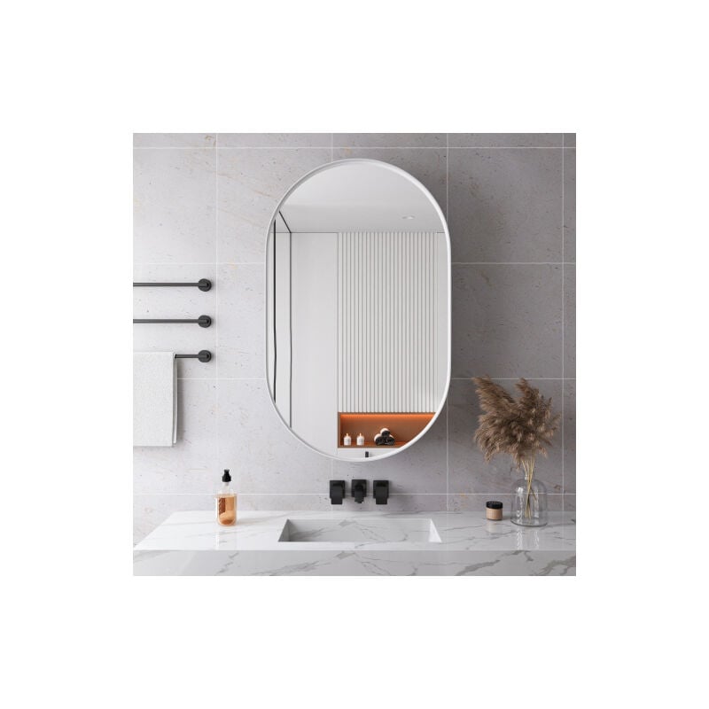 Miroir de salle de bain avec meuble de rangement, armoire à miroir ovale, pour salle de bain, salon, chambre, blanc