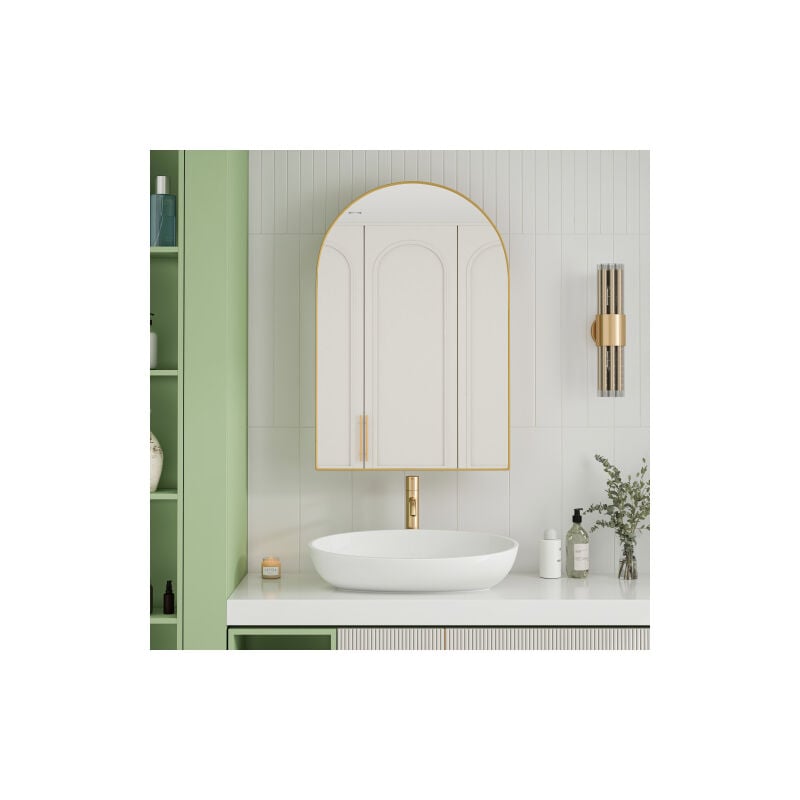 Miroir de salle de bain avec meuble de rangement, armoire à miroir arc, pour salle de bain, salon, chambre, doré