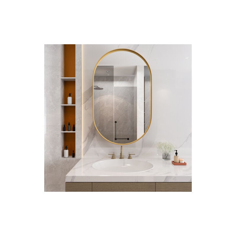 Miroir de salle de bain avec meuble de rangement, armoire à miroir ovale, pour salle de bain, salon, chambre, doré