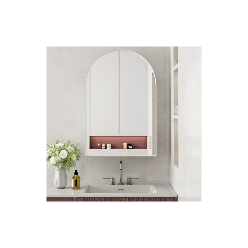 Miroir de salle de bain avec meuble de rangement, armoire à miroir arc, pour salle de bain, salon, chambre, blanc