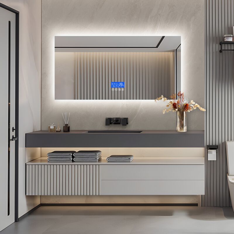 Miroir de salle de bain carré lumineux 60x120 cm, avec affichage de la température et fonction désembueur, avec éclairage LED, réglage de la