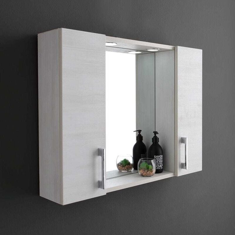 Kiamami Valentina - Miroir De Salle De Bain à Conteneur Avec Deux Éléments Muraux En Chêne Blanc Et Une Lampe à Del