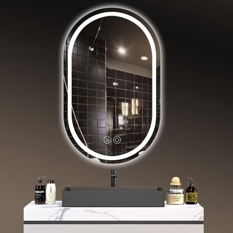 Jusch - Miroir de salle de bain étanche ovale lumineux à led , miroir anti-buée (50 cm x 80 cm)