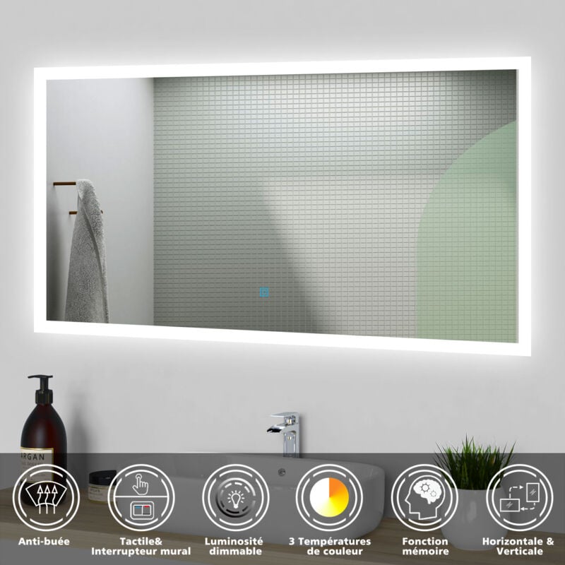 Acezanble - Miroir Salle de Bain led avec Anti-buée 120x70cm,Mural Miroir Lumineux acve 3 Couleurs + Dimmable