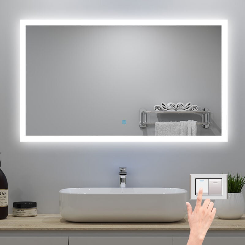 Miroir lumineux 60 x 50cm avec 3 Couleurs + Dimmable + Anti-buée, Mural Miroir salle de bain