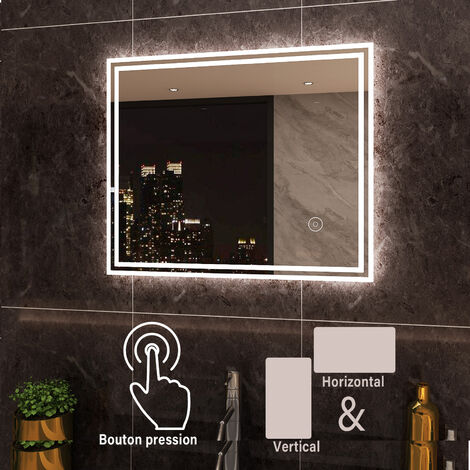Miroir de salle de bain led 60x50 cm Commutateur tactile Miroir Maquillage éclairage intégré blanc froid