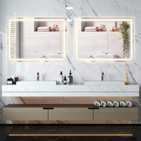 Miroir de Salle de Bain LED 80x60 cm Miroir Mural Rectangulaire avec Lumières à Intensité Variable à 3 Couleurs