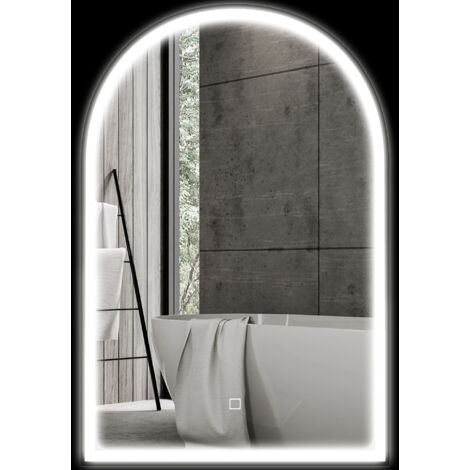 Miroir de salle de bain LED 90 x 60cm, mural, 3 couleurs, arqué cadre en aluminium, désembuage et interrupteur tactile