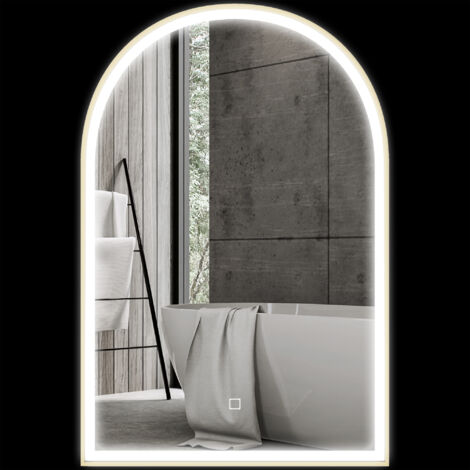 Miroir de salle de bain LED 90 x 60cm, mural, 3 couleurs, arqué cadre en aluminium, désembuage et interrupteur tactile