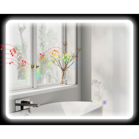Miroir de salle de bain LED avec Bluetooth, éclairage réglable et fonction mémoire, verre trempé, 90 x 70 x 3,5 cm