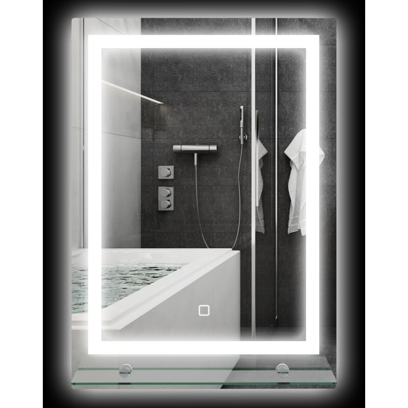 Miroir de salle de bain LED avec tablette intégrée, éclairage 3 couleurs, intensité réglable et commande tactile