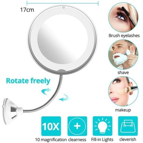 Miroir de Salle de Bain LED avec Ventouse, Pivotant 360°, Loupe Grossissante 10X pour Maquillage Précision