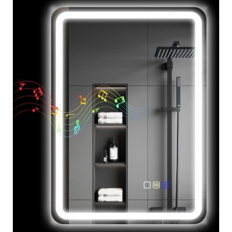 Miroir de salle de bain LED Bluetooth 50 x 70 cm avec traitement antibuée - Couleur argentée