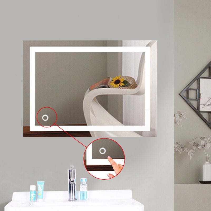 Miroir de Salle de Bain led, Miroir Lumineux avec Interrupteur Tactile, Montage Mural, Miroir Maquillage, 50x70cm