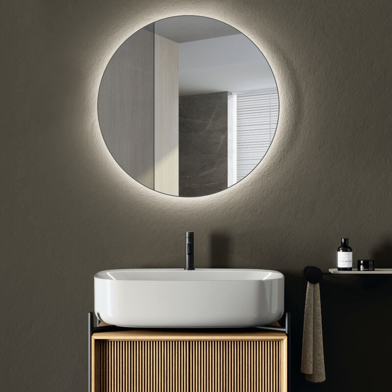 Talos - Miroir de salle de bain led rond cesa Shine en noir mat Ø60 cm - Éclairage périphérique en lumière neutre - adapté aux pièces humides grâce