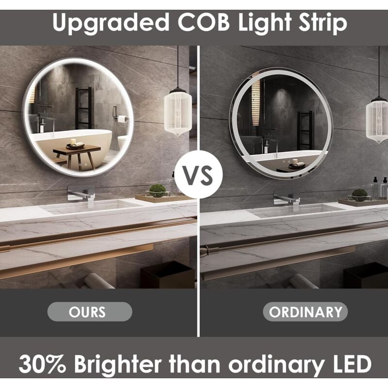 Tlgreen - Miroir de Salle de Bain led Rond,Miroir Mural,Bande Lumineuse cob améliorée,Anti-buée,Interrupteur Tactile,3 couleurs de lumière(Φ80cm)