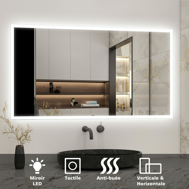 Acezanble - Miroir de salle de bain rectangulaire illumination led intégrée avec fonction anti-buée 90cmx70cm Horizontal/Vertical Blanc froid