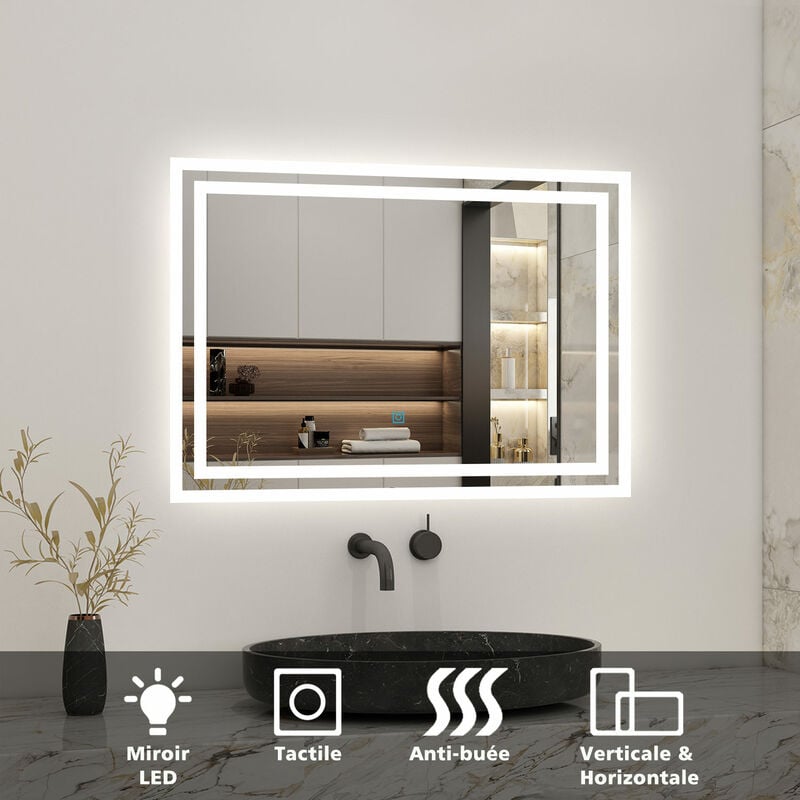 Acezanble - Miroir de salle de bain led tactile, 60cm x 50cm rectangulaire illumination led intégrée avec fonction anti-buée Horizontal/Vertical