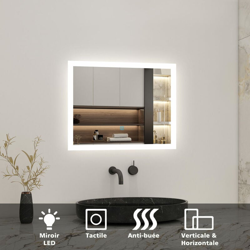 Acezanble - Miroir de salle de bain rectangulaire illumination led intégrée avec fonction anti-buée 60cmx50cm Horizontal/Vertical Blanc froid