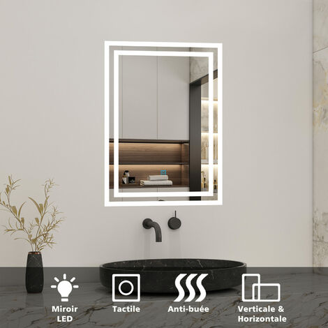 Miroir de salle de bain led tactile, 70cm x 50cm rectangulaire illumination LED intégrée avec fonction anti-buée Horizontal/Vertical Blanc froid