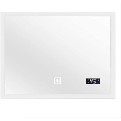 Miroir de salle de bain led tactile mural horloge numérique éclairage blanc froid ou chaud miroir lumineux cosmétique miroir de maquillage 80 x 60 cm - Blanc