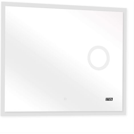 Miroir de salle de bain led tactile mural horloge numérique éclairage blanc froid ou chaud miroir lumineux cosmétique(haut-parleur bluetooth + miroir de maquillage, 100 x 80 cm) - Blanc