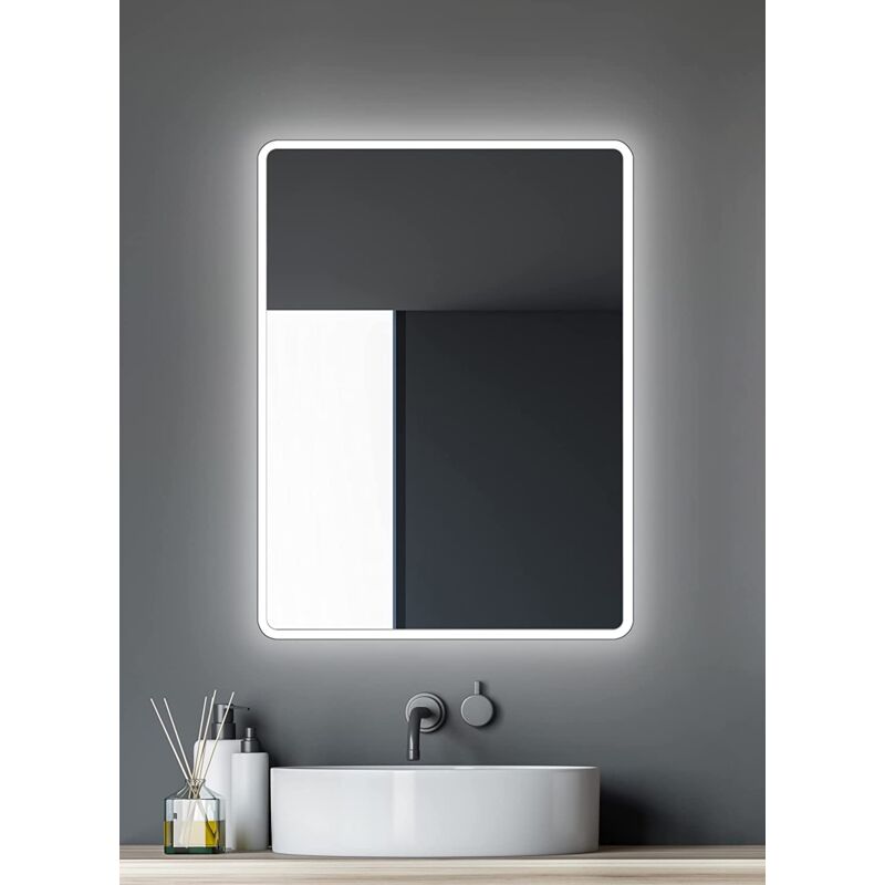 Miroir de salle de bain LED Talos Moon 80x60 cm - miroir de salle de bain avec éclairage - adapté à l'eau humide grâce au cadre en aluminium
