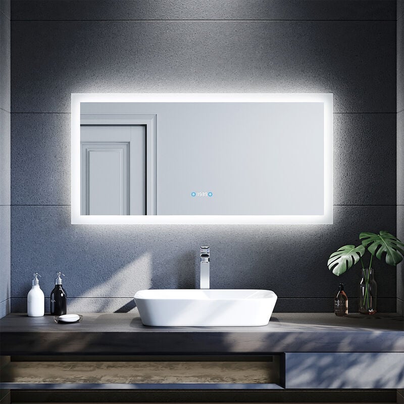 miroir de salle de bain LED Touch avec éclairage horloge miroir mural antibuée 120x60 salle de bain