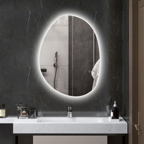 Miroir de salle de bain lumineux, forme asymétrique, 80 x 60 cm, éclairage LED, 3 couleurs d'éclairage, fonction antibuée, argent