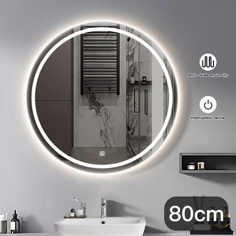 LED Salle de Bain Miroir, SDLOGAL 60cm 70 cm 80 cm 90cm  Rond Miroir de salle de bain à capteur LED, Anti-buée, avec Bouton Tactile Intelligent
