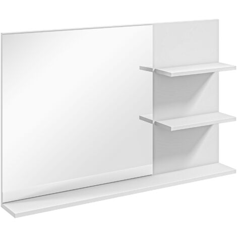 Miroir de salle de bain moderne avec 2 étagères latérales et étagère du bas, miroir mural en MDF et verre, 75x10x48 cm, blanc