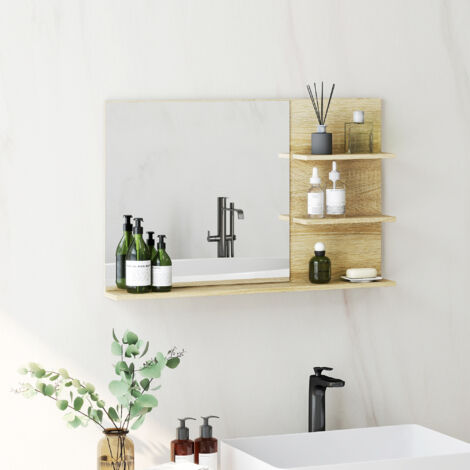 Miroir de salle de bain moderne avec 2 étagères latérales et une étagère inférieure, miroir mural en MDF et verre, 75 x 10 x 48 cm, couleur bois