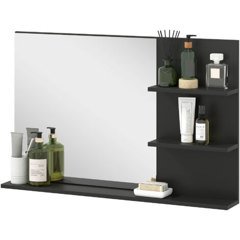 Miroir de salle de bain moderne avec 2 étagères latérales et une étagère inférieure, miroir mural en MDF et verre, 75 x 10 x 48 cm, noir