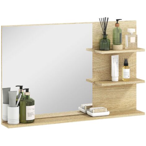 Miroir de salle de bain moderne avec deux étagères latérales et une étagère inférieure, en bois et verre, mesurant 75x10x48 cm, couleur bois.