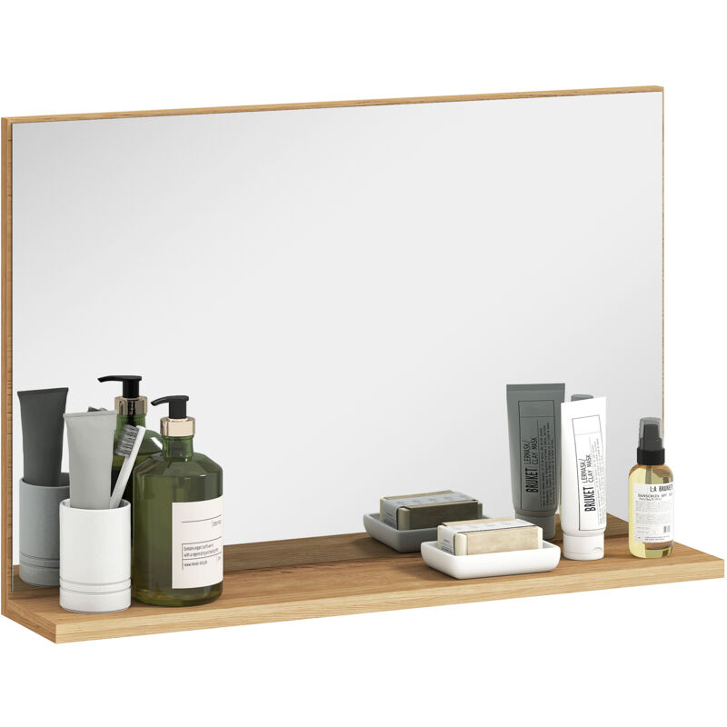 Miroir de salle de bain mural avec étagère, miroir moderne et multifonctionnel pour salle de bain, chambre et entrée, 60 x 12 x 40 cm, bois