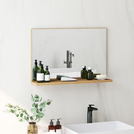 Miroir de salle de bain mural avec étagère, miroir moderne et multifonctionnel pour salle de bain, chambre et entrée, 60 x 12 x 40 cm, bois
