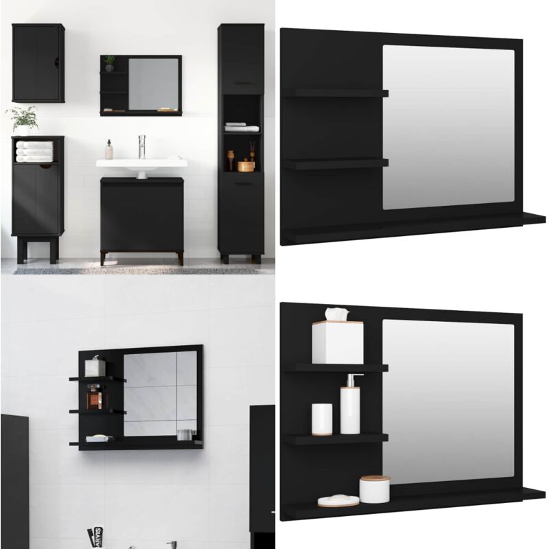 Miroir de salle de bain noir 60x10,5x45 cm bois d’ingénierie - Miroir Salle De Bain - Miroir Moderne - Meuble Salle De Bain - Rangement Salle De Bain