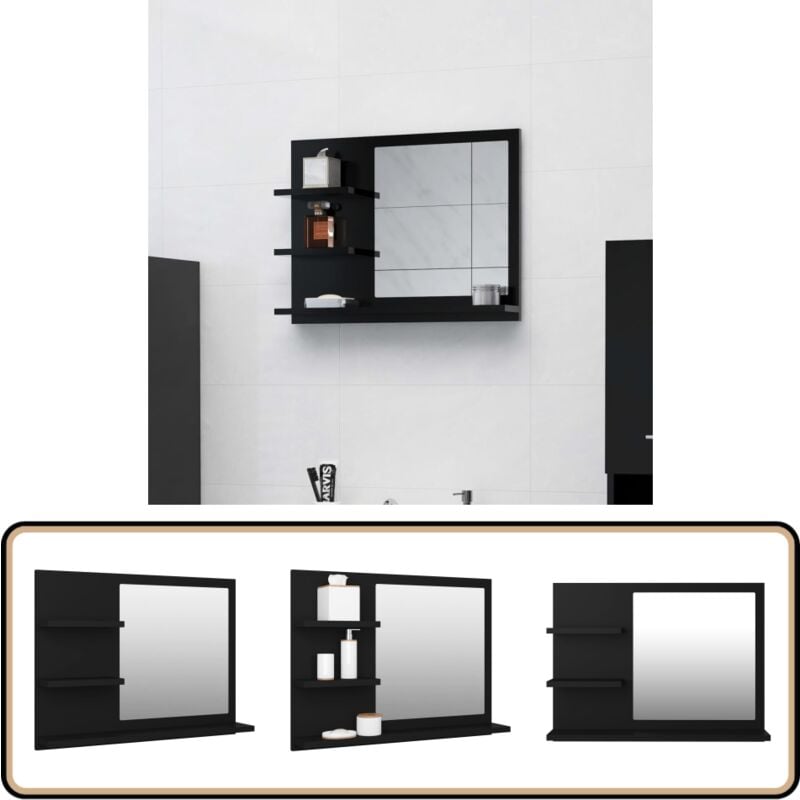 Miroir de salle de bain noir 60x10,5x45 cm bois d'ingénierie - Miroir Salle De Bain - Miroir Moderne - Meuble Salle De Bain - Rangement Salle De Bain