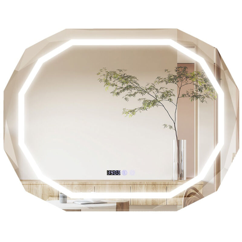 Helloshop26 - Miroir de salle de bain ovale avec led antibuée 3 couleurs fonction mémoire affichage temps/température incassable