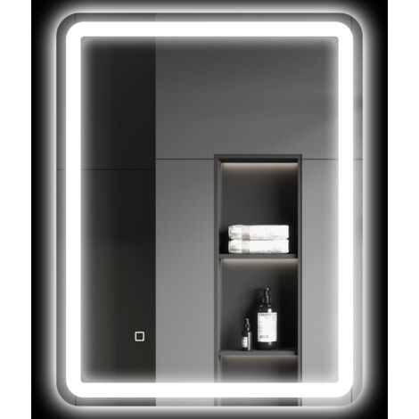 Miroir de salle de bain rectangulaire à LED, fonction antibuée, luminosité réglable, fonction mémoire, 70 x 90 cm, argent