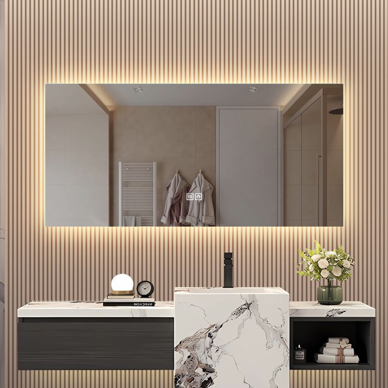 Miroir de salle de bain Rectangulaire, avec 3 Couleurs LED, Fonction désembuage, rétro-éclairage, sans cadre, Interrupteur tactile Lumière - 60x120 cm