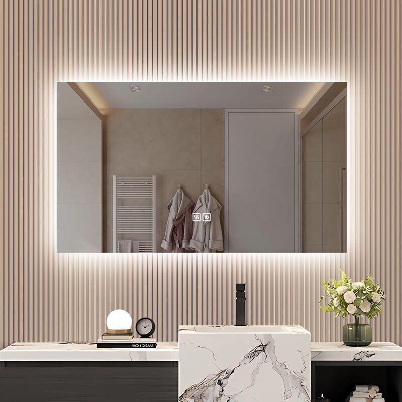 Dans Les Nuages - Miroir de salle de bain Rectangulaire, avec 3 Couleurs led, Fonction désembuage, rétro-éclairage, sans cadre, Interrupteur tactile