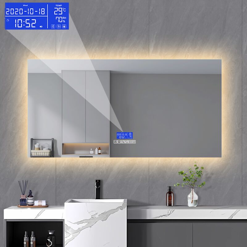 Dans Les Nuages - Miroir de salle de bain rectangulaire, avec led, Fonction désembuage, Bluetooth, température, heure, date, sans cadre, Interrupteur