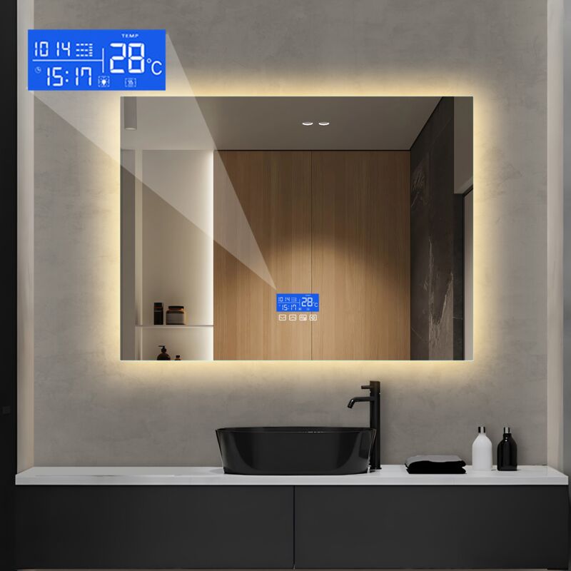 Dans Les Nuages - Miroir de salle de bain rectangulaire, avec led, Fonction désembuage, température, heure, date, rétro-éclairage, sans cadre,