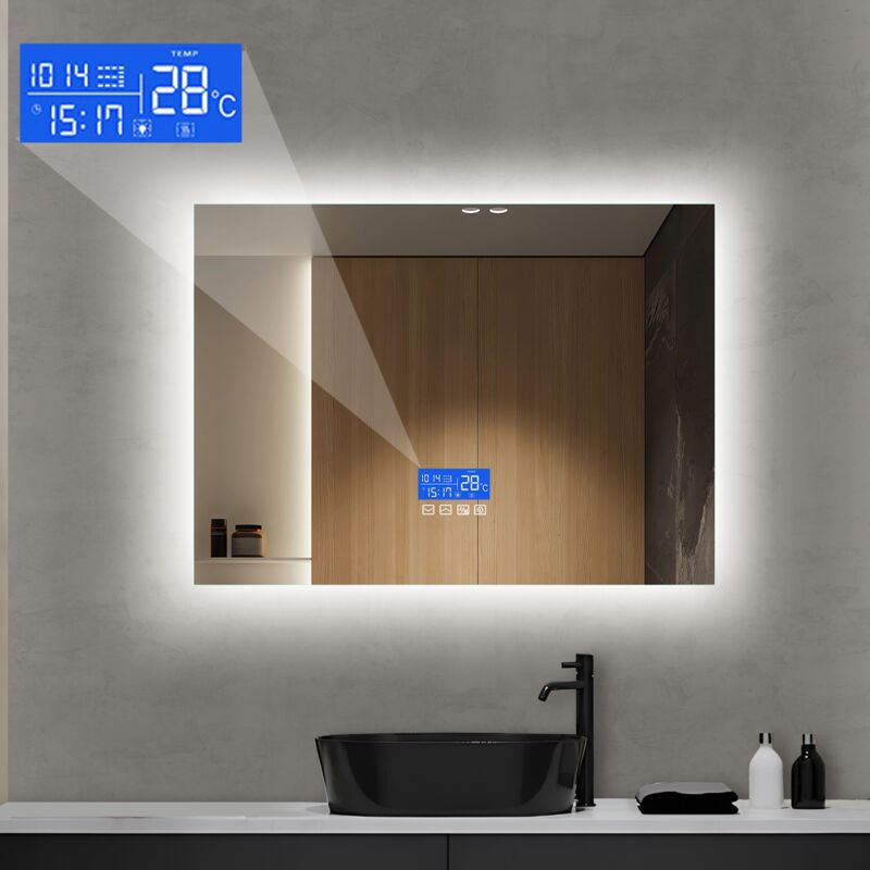 Dans Les Nuages - Miroir de salle de bain rectangulaire, avec led, Fonction désembuage, température, heure, date, rétro-éclairage, sans cadre,