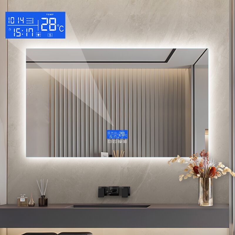Dans Les Nuages - Miroir de salle de bain rectangulaire, avec led, Fonction désembuage, température, heure, date, rétro-éclairage, sans cadre,