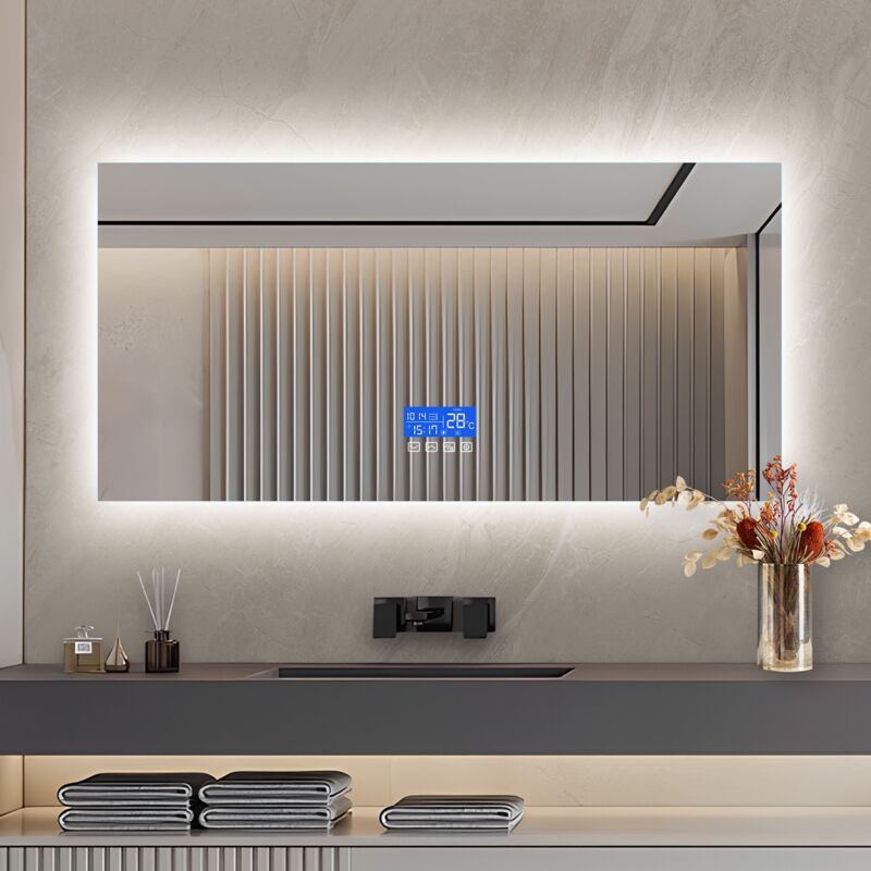 Dans Les Nuages - Miroir de salle de bain rectangulaire, avec led, Fonction désembuage, température, heure, date, rétro-éclairage, sans cadre,