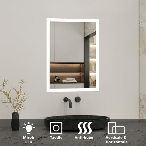 Miroir de salle de bain rectangulaire illumination LED intégrée avec fonction anti-buée 50cmx70cm Horizontal/Vertical Blanc froid